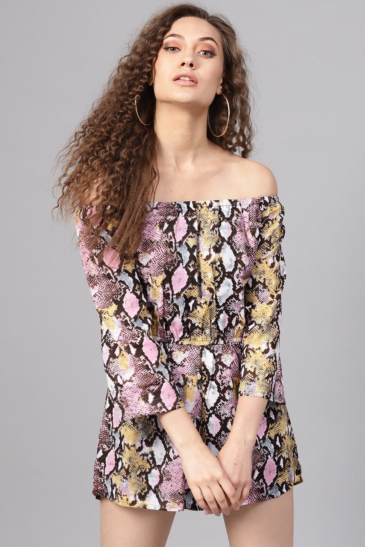 Women's Pink Python Off Shoulder Romper