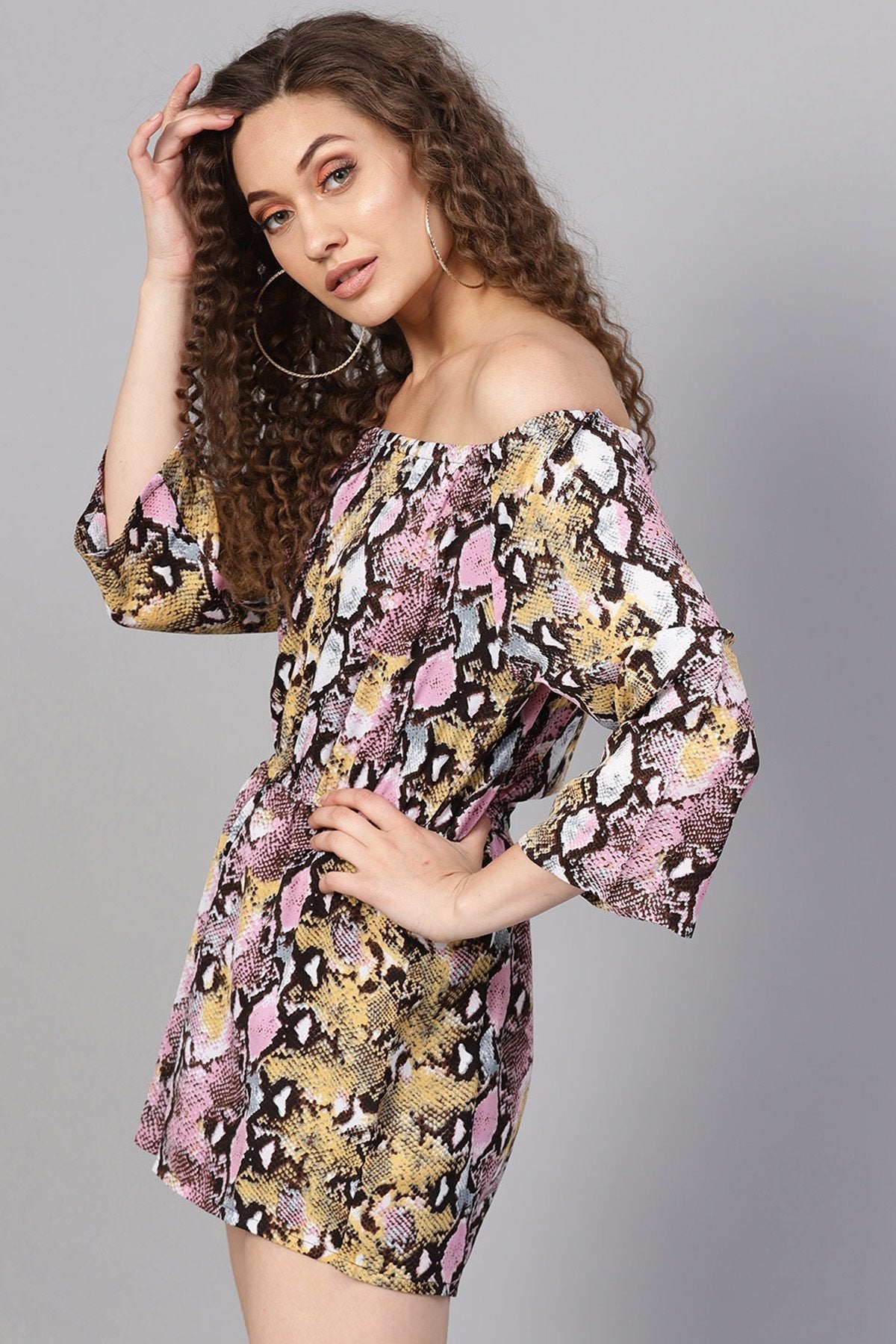Women's Pink Python Off Shoulder Romper