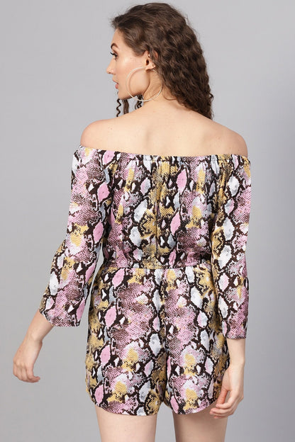 Women's Pink Python Off Shoulder Romper
