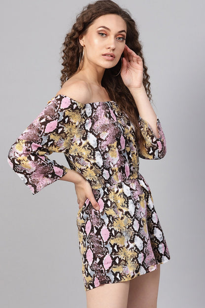 Women's Pink Python Off Shoulder Romper