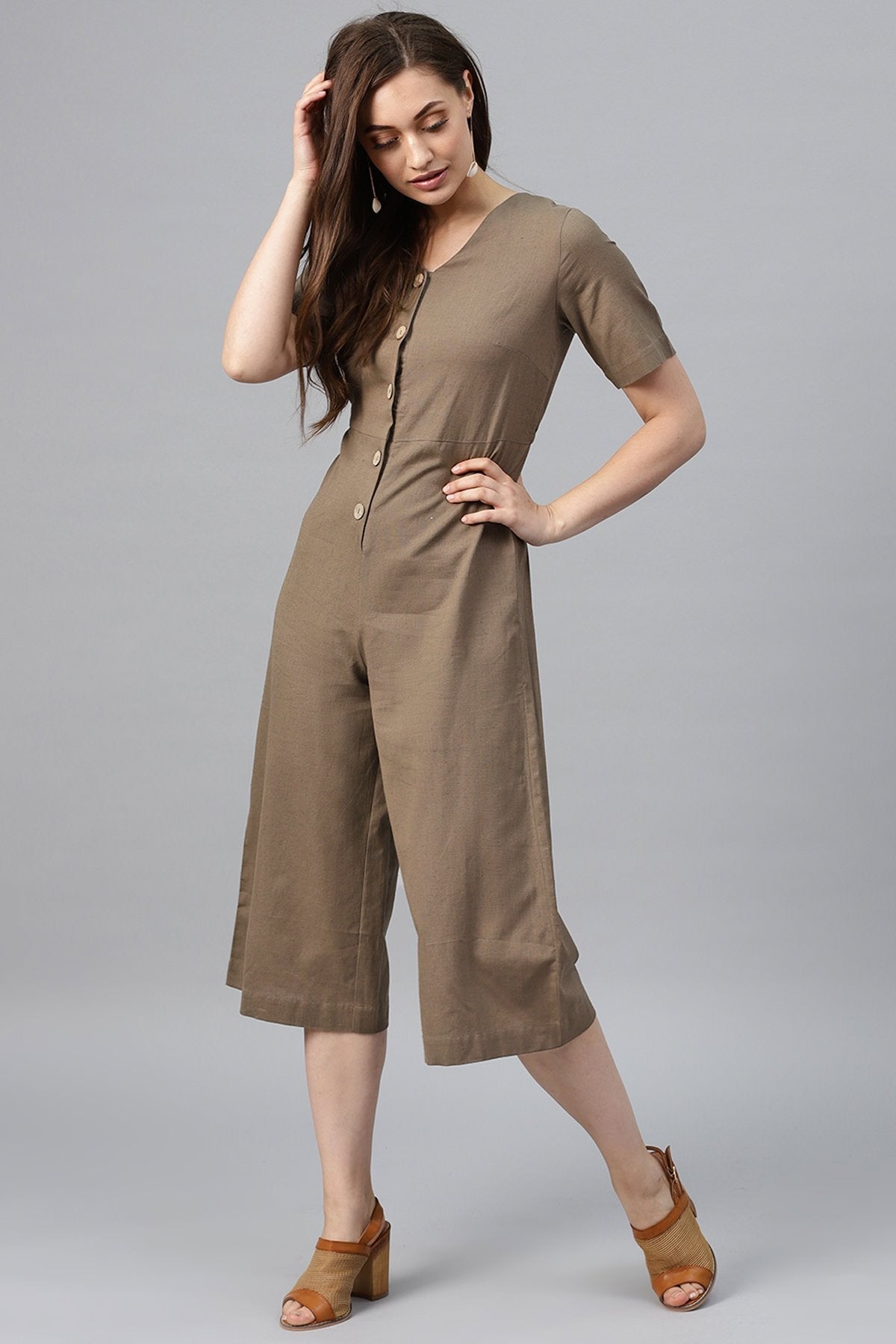 Women's Brown Front Button Culottes Jumpsuit