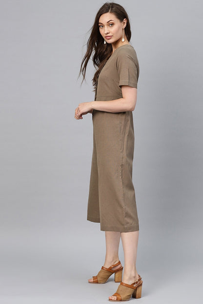 Women's Brown Front Button Culottes Jumpsuit