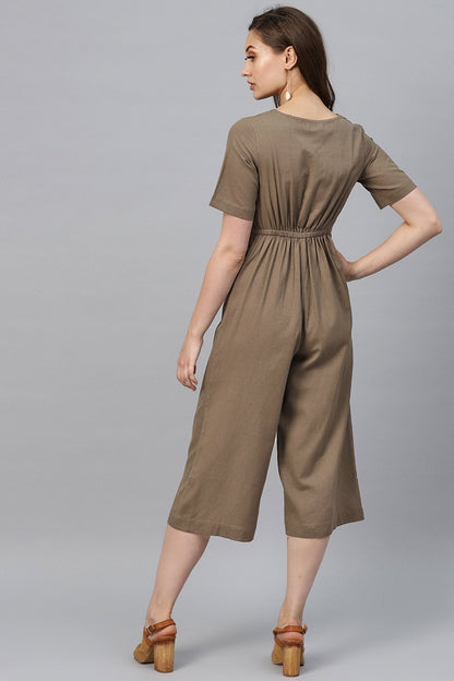 Women's Brown Front Button Culottes Jumpsuit