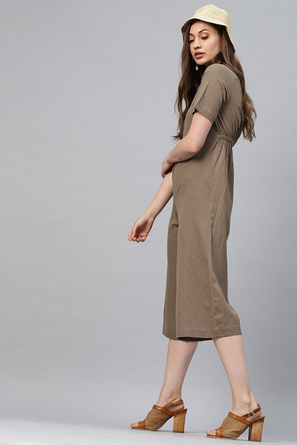 Women's Brown Front Button Culottes Jumpsuit