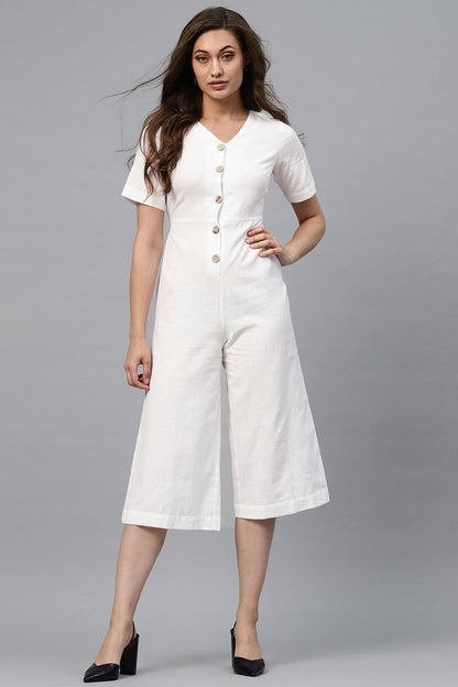 Women's White Front Button Culottes Jumpsuit
