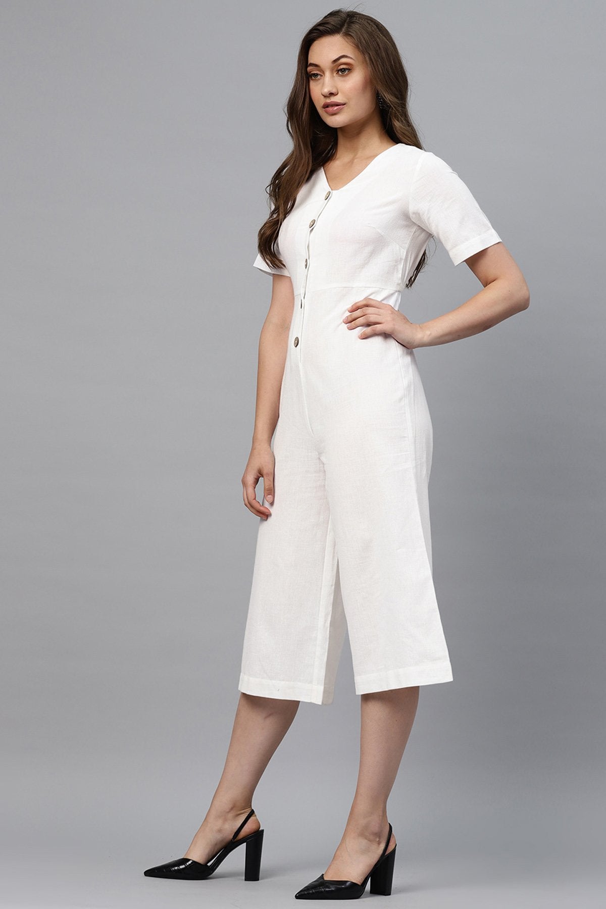 Women's White Front Button Culottes Jumpsuit