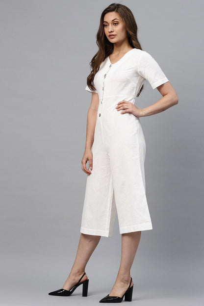 Women's White Front Button Culottes Jumpsuit