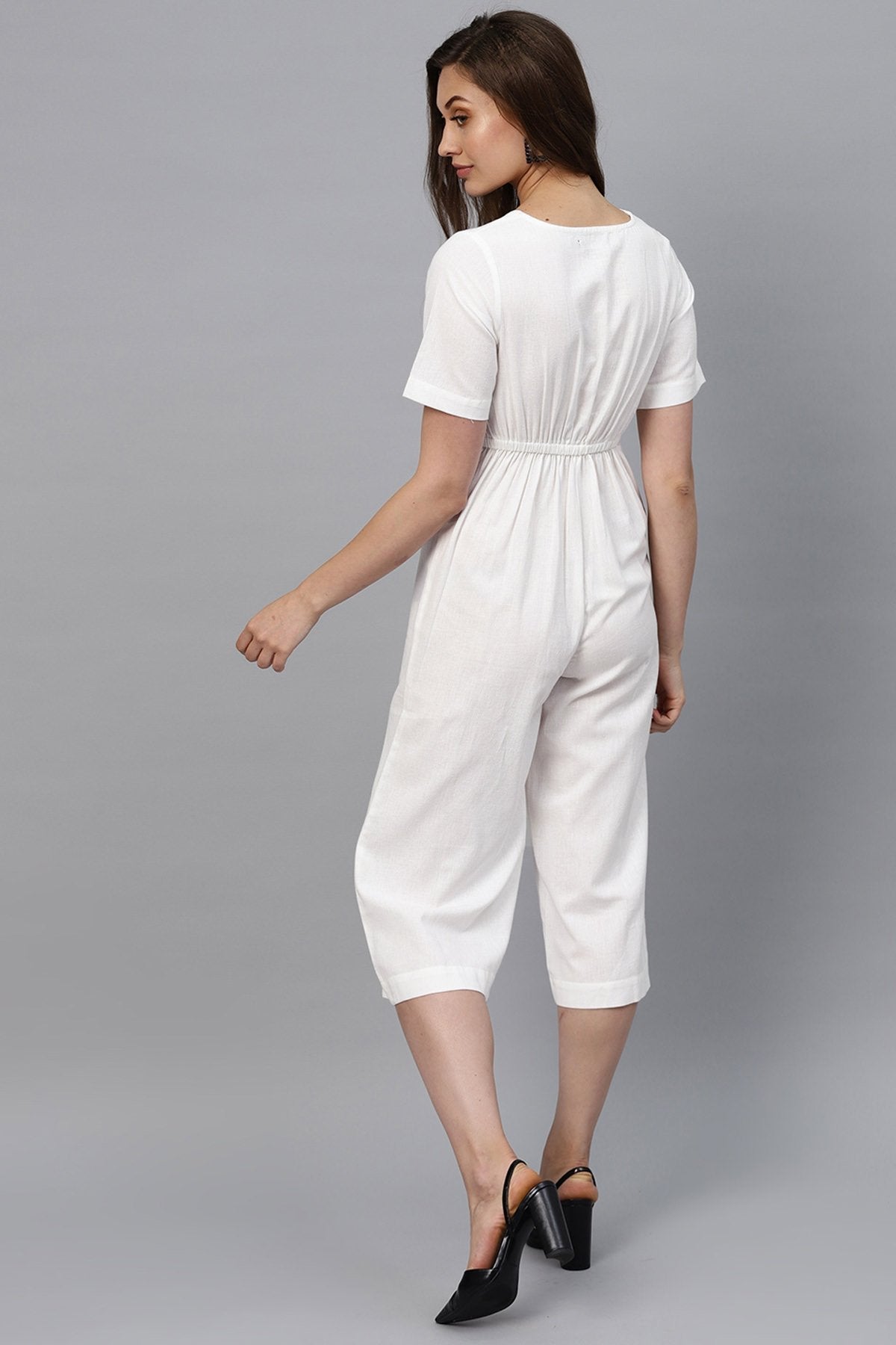 Women's White Front Button Culottes Jumpsuit
