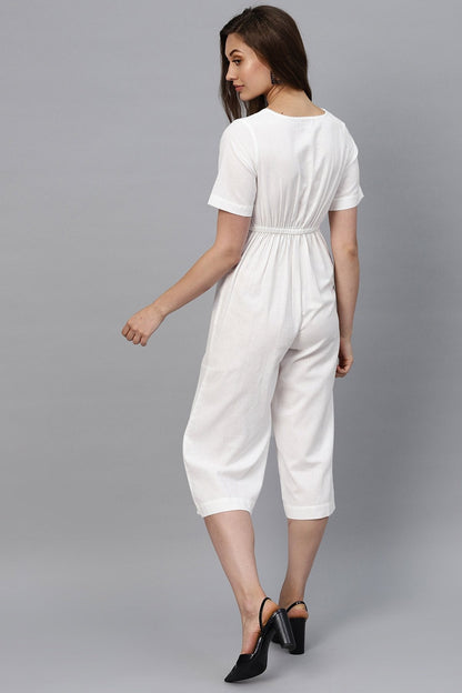Women's White Front Button Culottes Jumpsuit