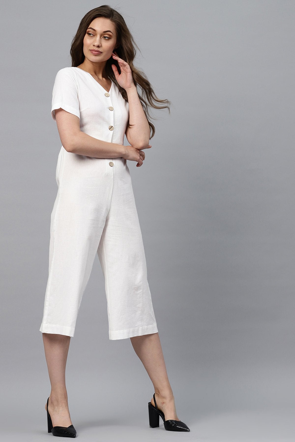 Women's White Front Button Culottes Jumpsuit