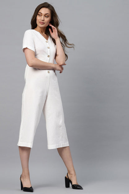 Women's White Front Button Culottes Jumpsuit