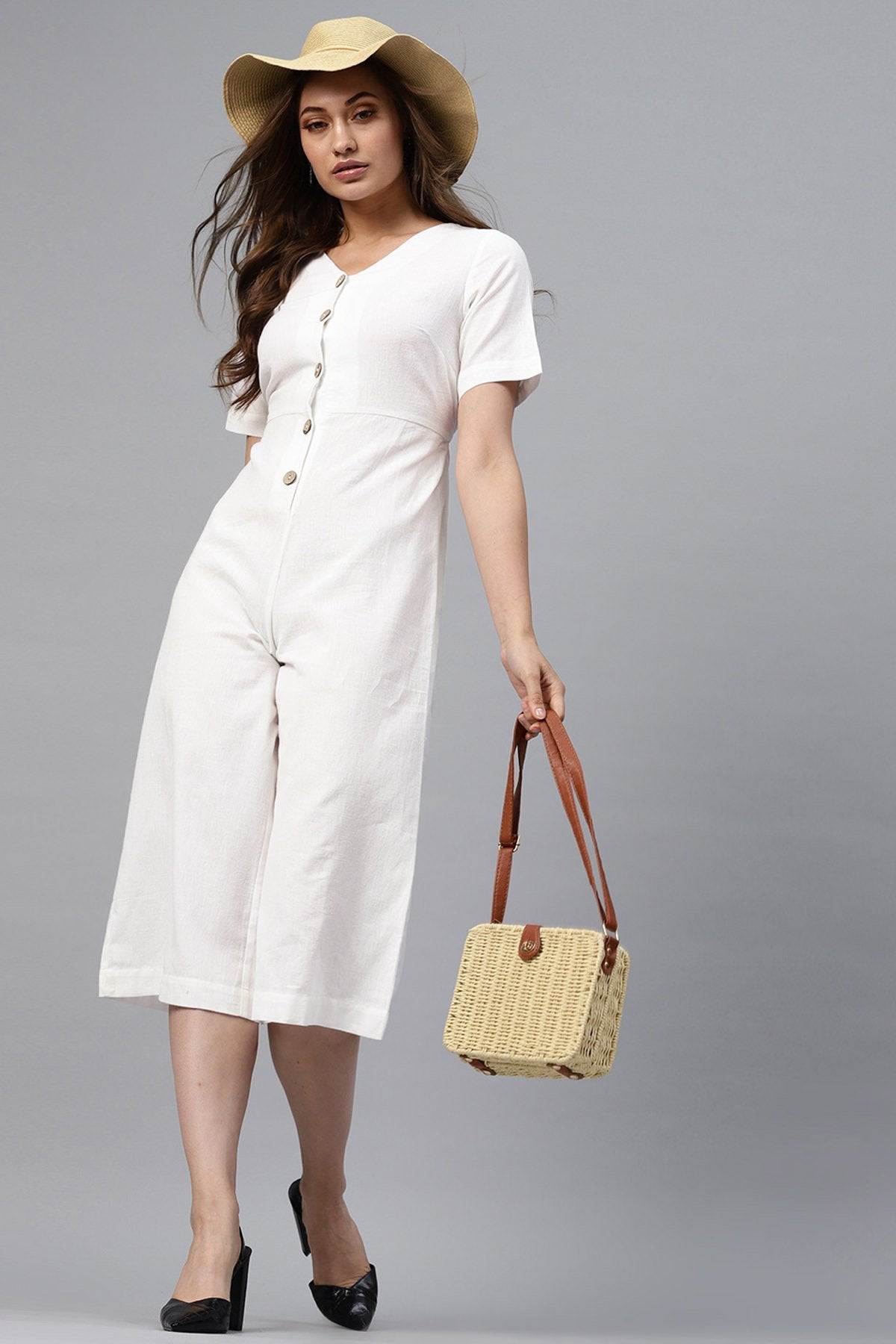 Women's White Front Button Culottes Jumpsuit