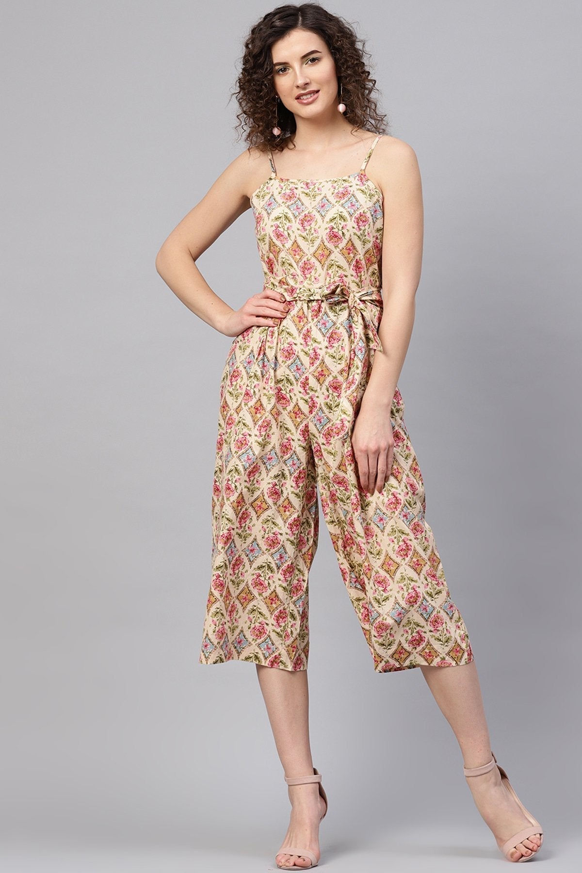Women's Beige & Pink Floral Strappy Jumpsuit