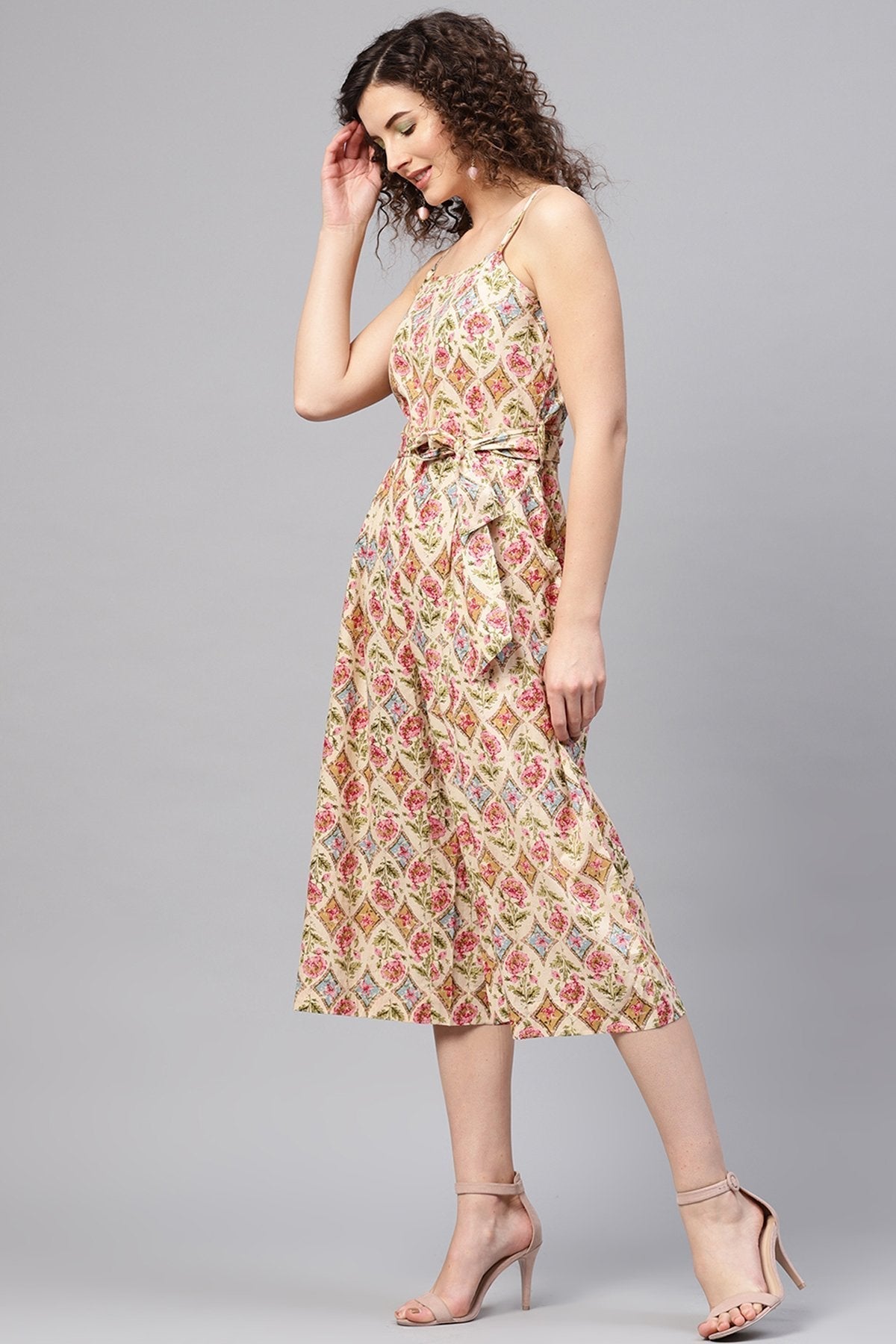 Women's Beige & Pink Floral Strappy Jumpsuit