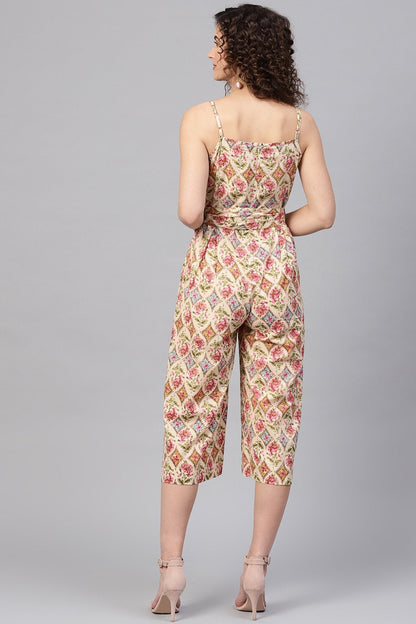 Women's Beige & Pink Floral Strappy Jumpsuit
