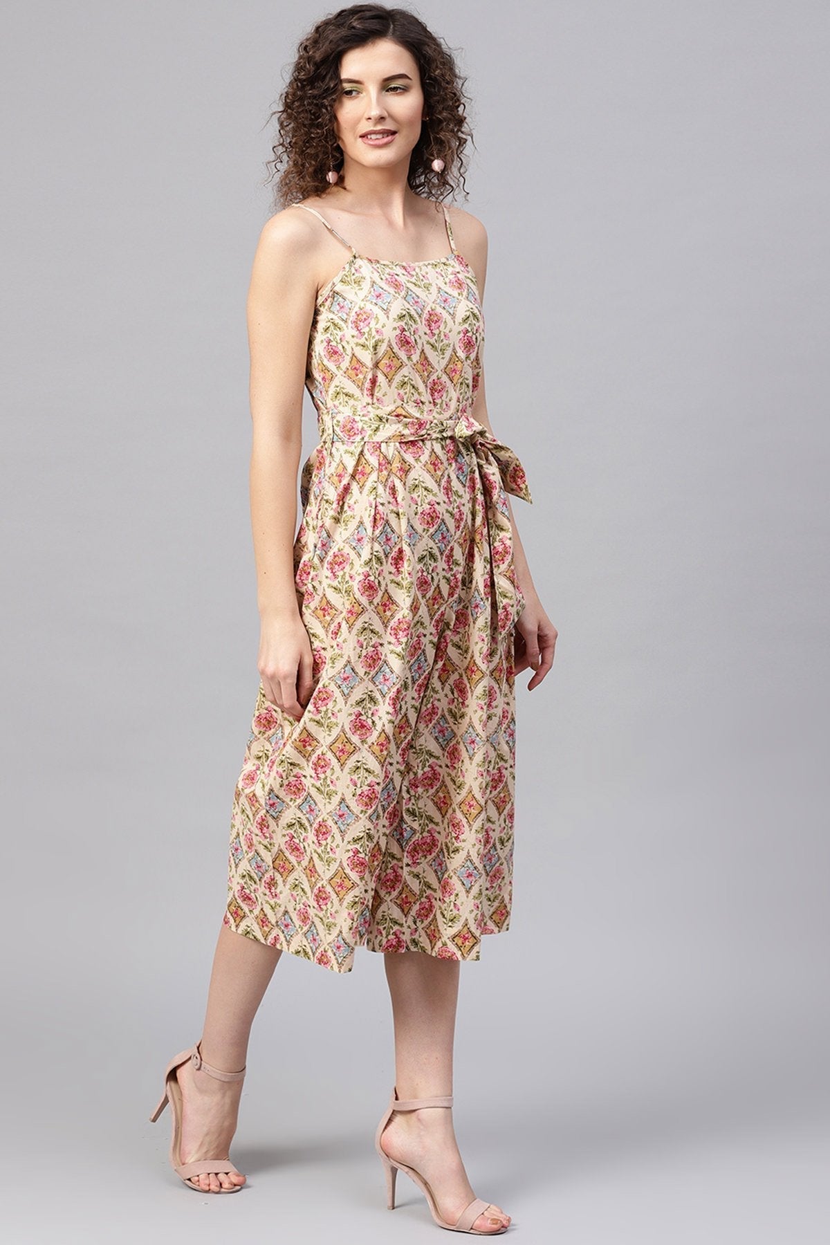 Women's Beige & Pink Floral Strappy Jumpsuit