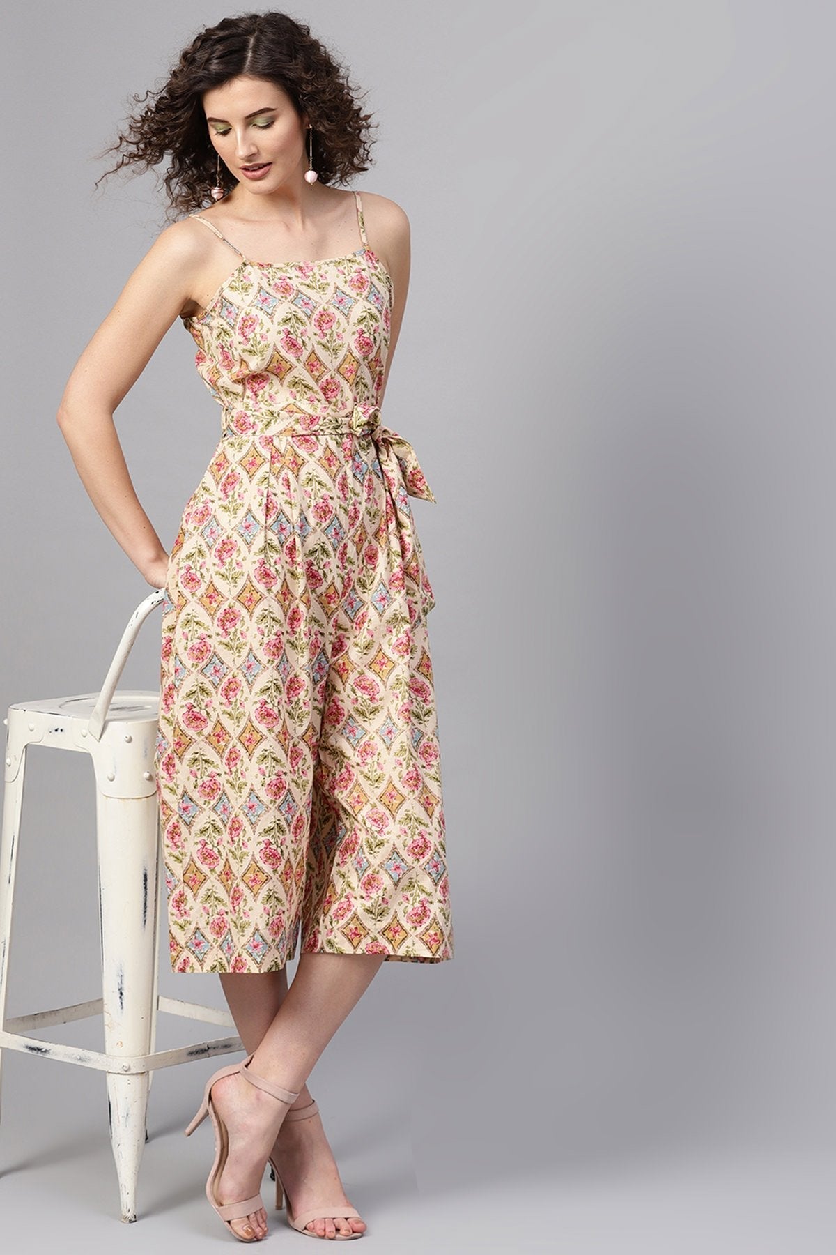 Women's Beige & Pink Floral Strappy Jumpsuit