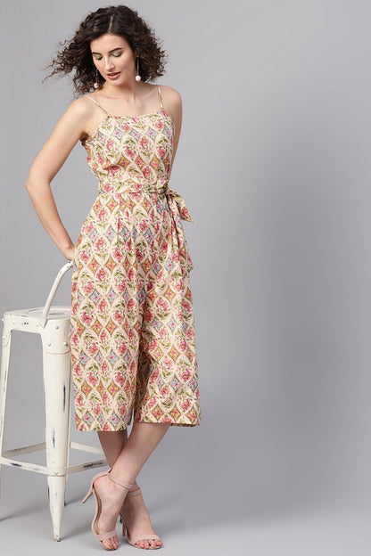 Women's Beige & Pink Floral Strappy Jumpsuit
