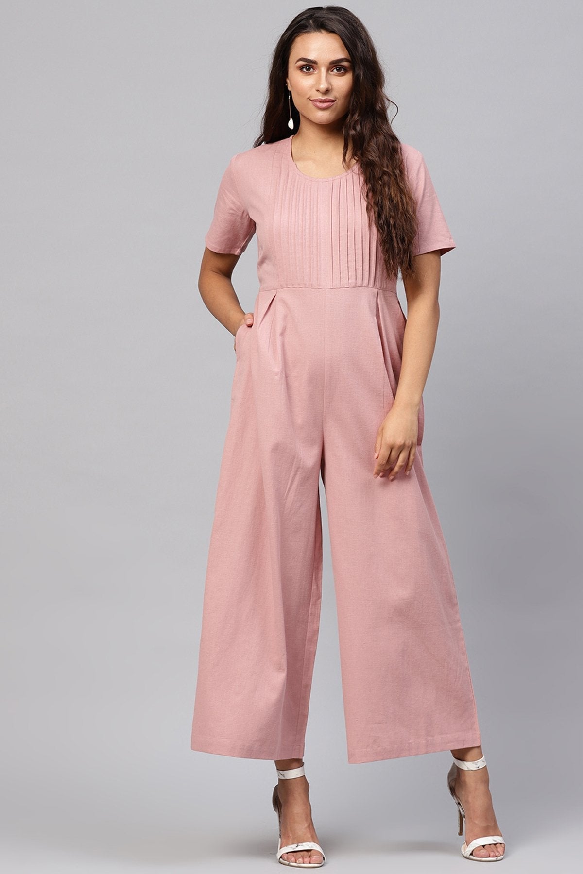 Women's Onion Pink Pleated Palazzo Jumpsuit