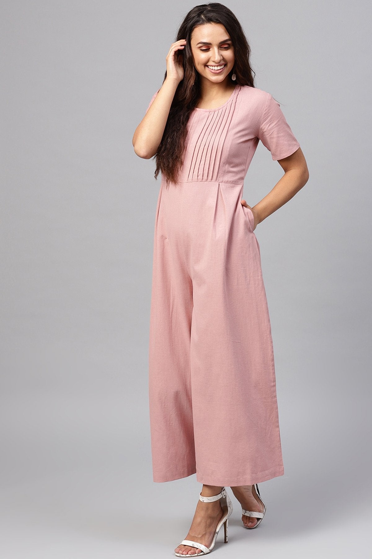 Women's Onion Pink Pleated Palazzo Jumpsuit