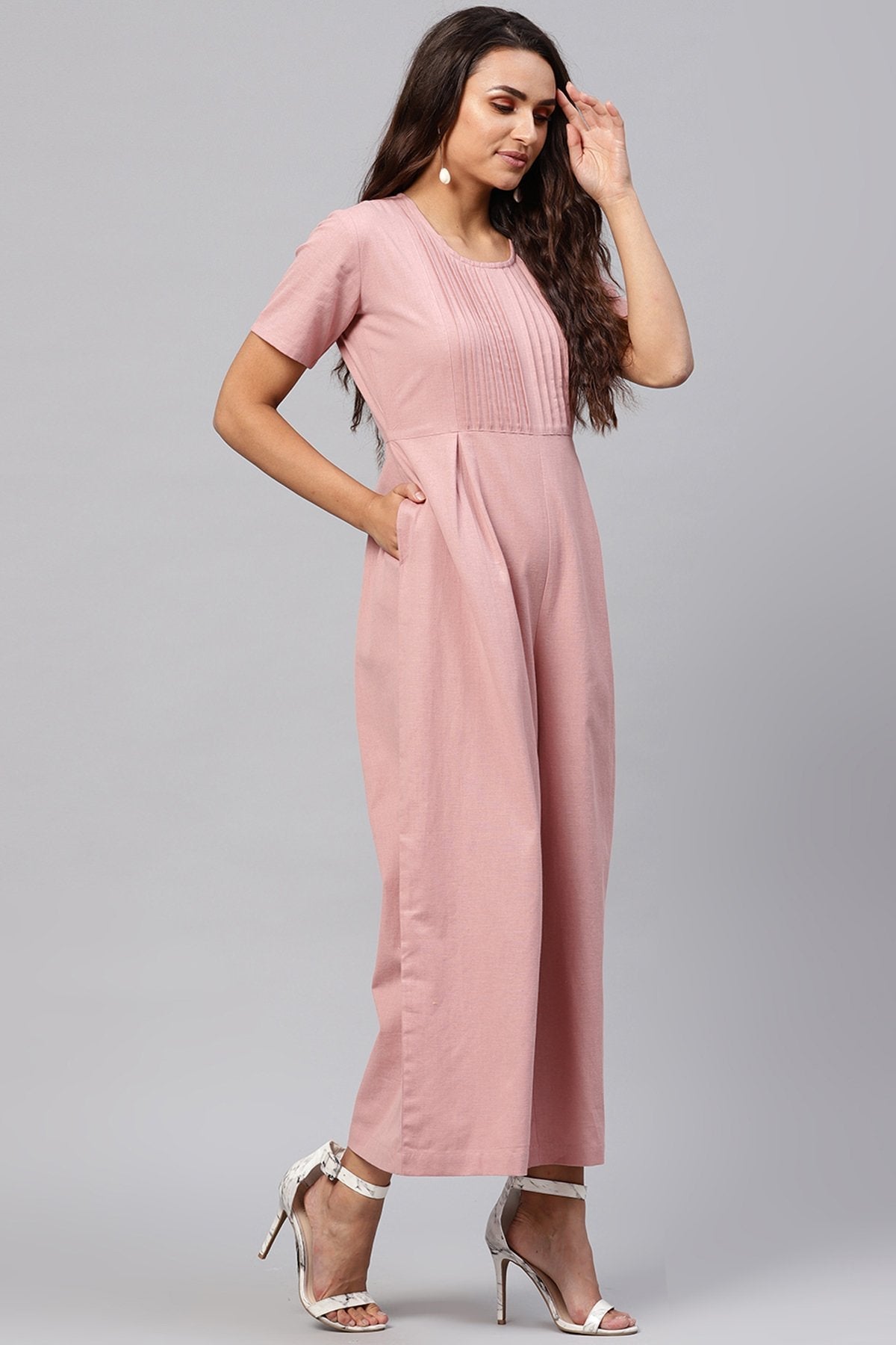 Women's Onion Pink Pleated Palazzo Jumpsuit