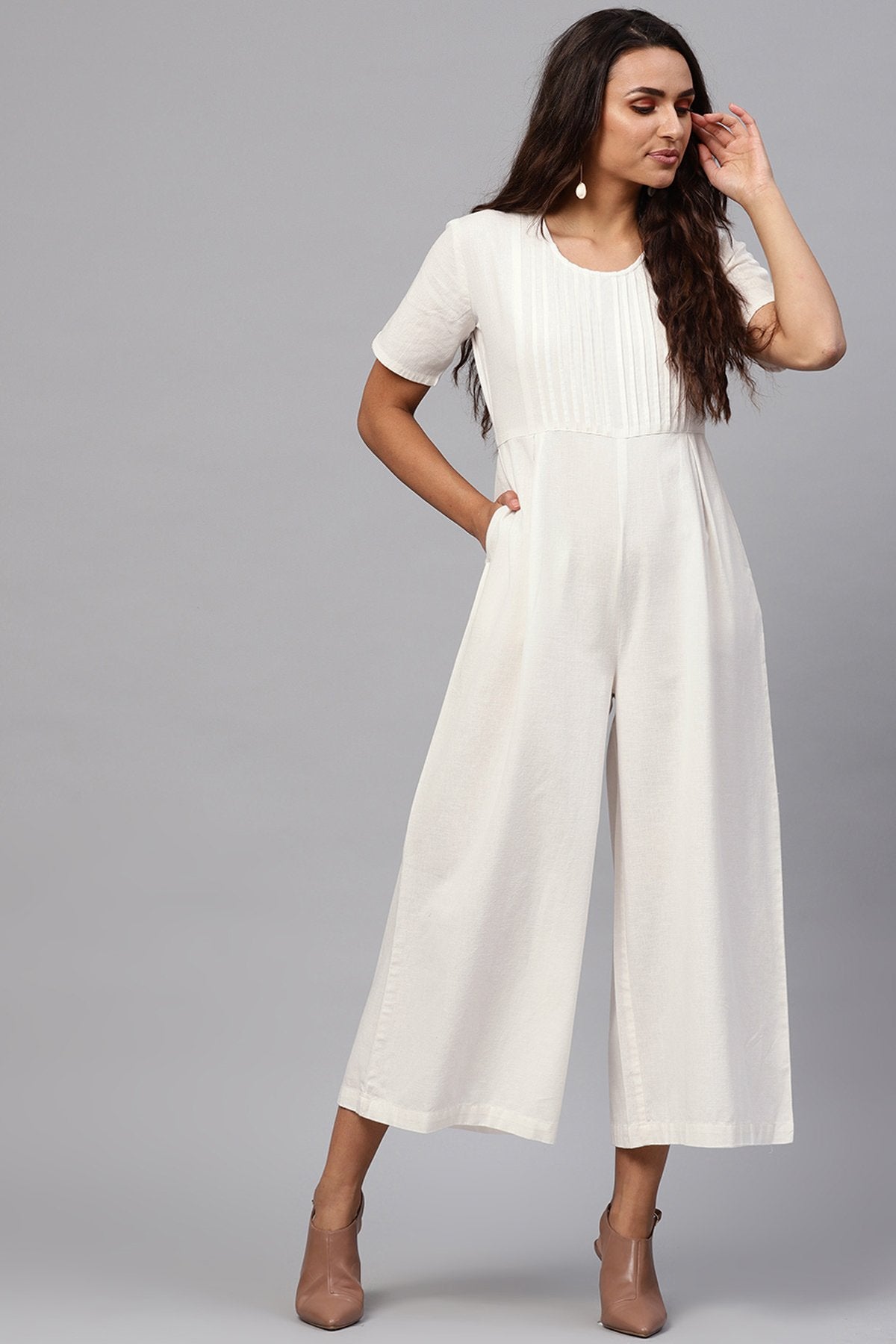 Women's White Pleated Palazzo Jumpsuit