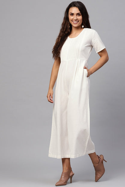 Women's White Pleated Palazzo Jumpsuit