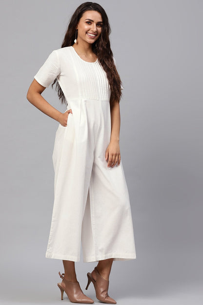 Women's White Pleated Palazzo Jumpsuit