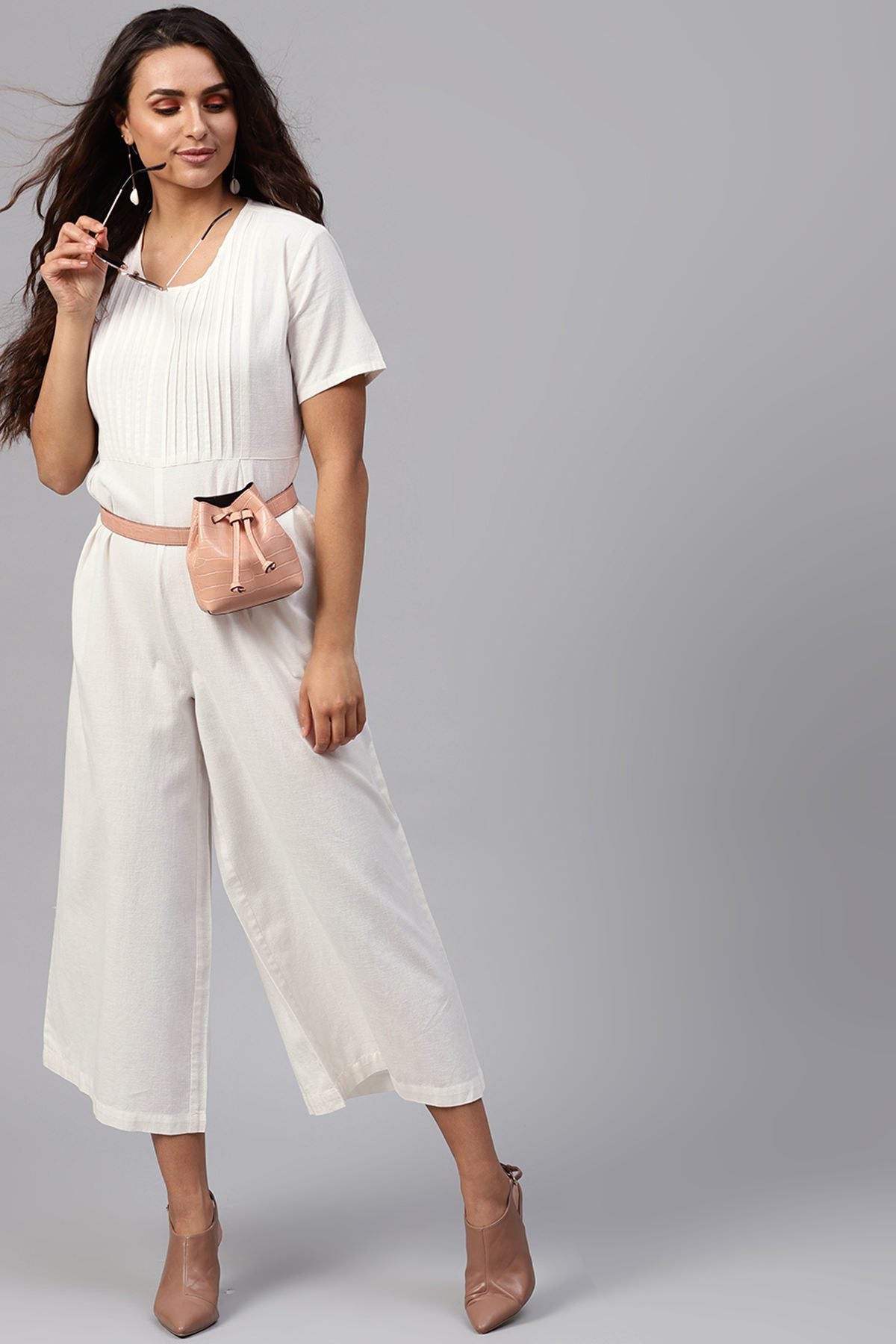 Women's White Pleated Palazzo Jumpsuit