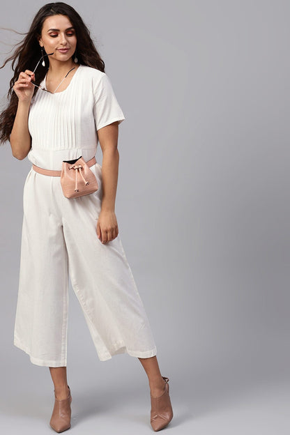Women's White Pleated Palazzo Jumpsuit