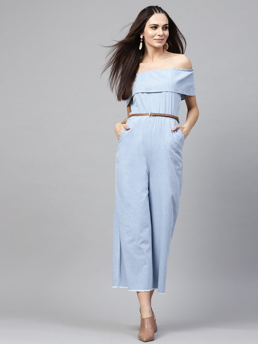 Women's Blue Acid Denim Belted Bardot Jumpsuit