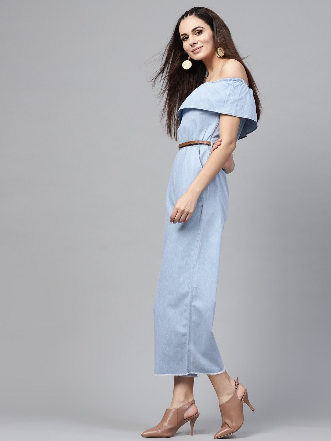Women's Blue Acid Denim Belted Bardot Jumpsuit