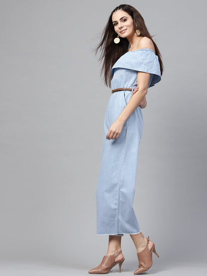 Women's Blue Acid Denim Belted Bardot Jumpsuit