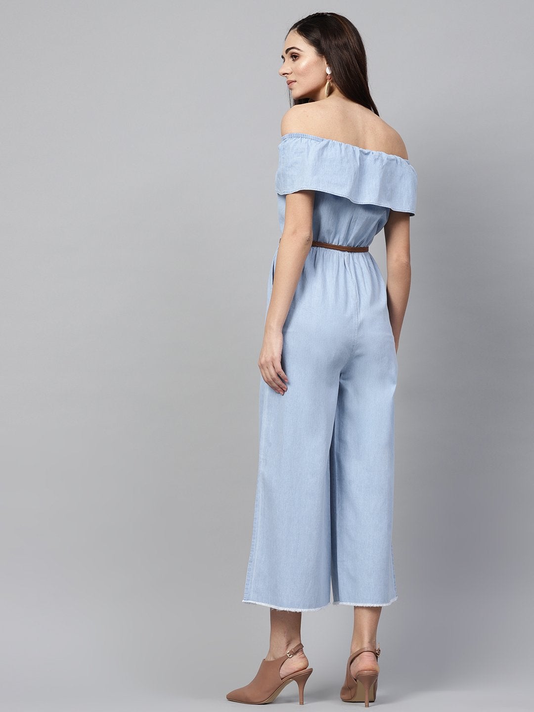 Women's Blue Acid Denim Belted Bardot Jumpsuit