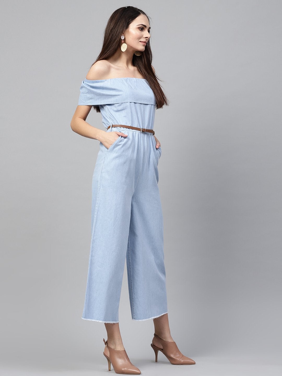 Women's Blue Acid Denim Belted Bardot Jumpsuit
