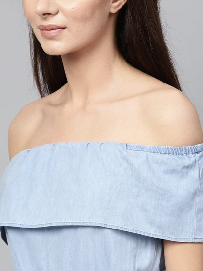 Women's Blue Acid Denim Belted Bardot Jumpsuit