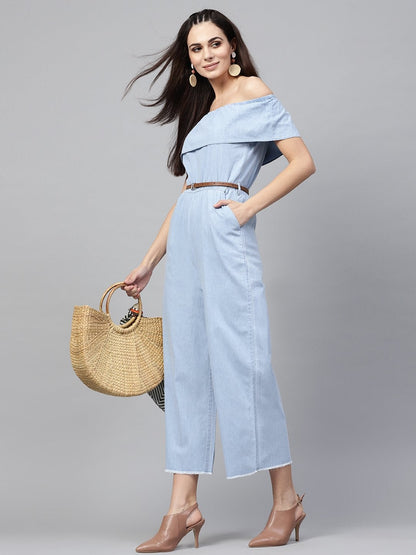 Women's Blue Acid Denim Belted Bardot Jumpsuit