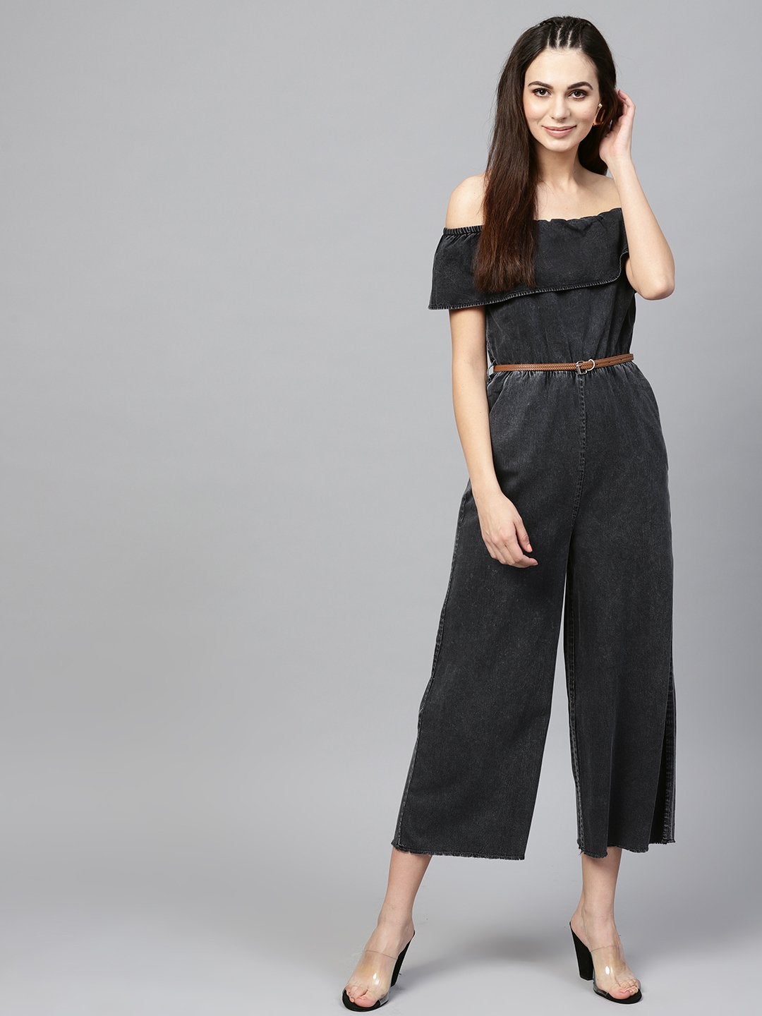 Women's Black Acid Denim Belted Bardot Jumpsuit