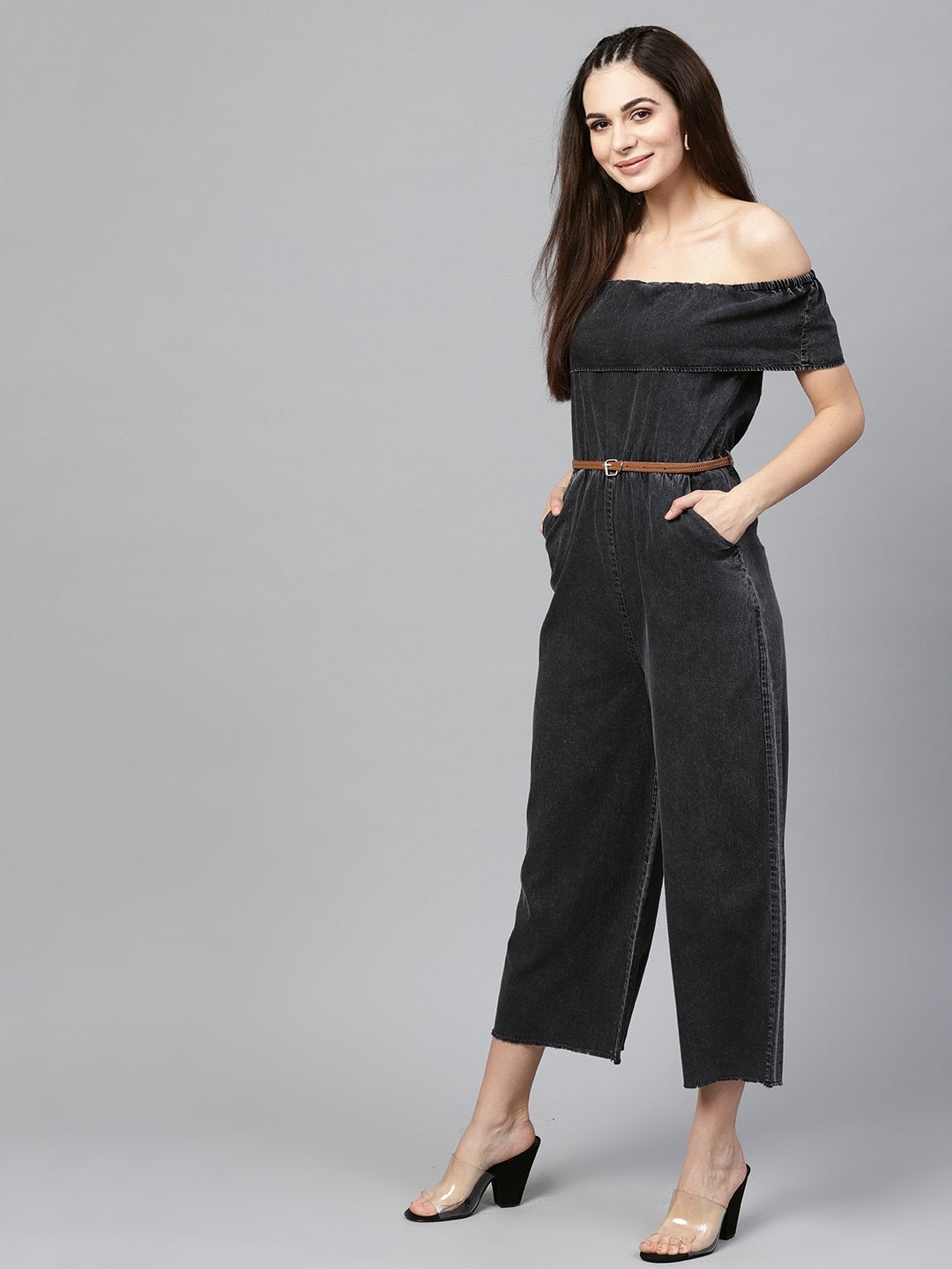 Women's Black Acid Denim Belted Bardot Jumpsuit