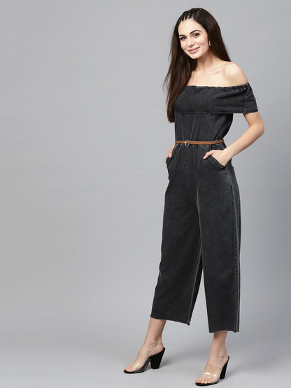 Women's Black Acid Denim Belted Bardot Jumpsuit