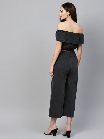 Women's Black Acid Denim Belted Bardot Jumpsuit