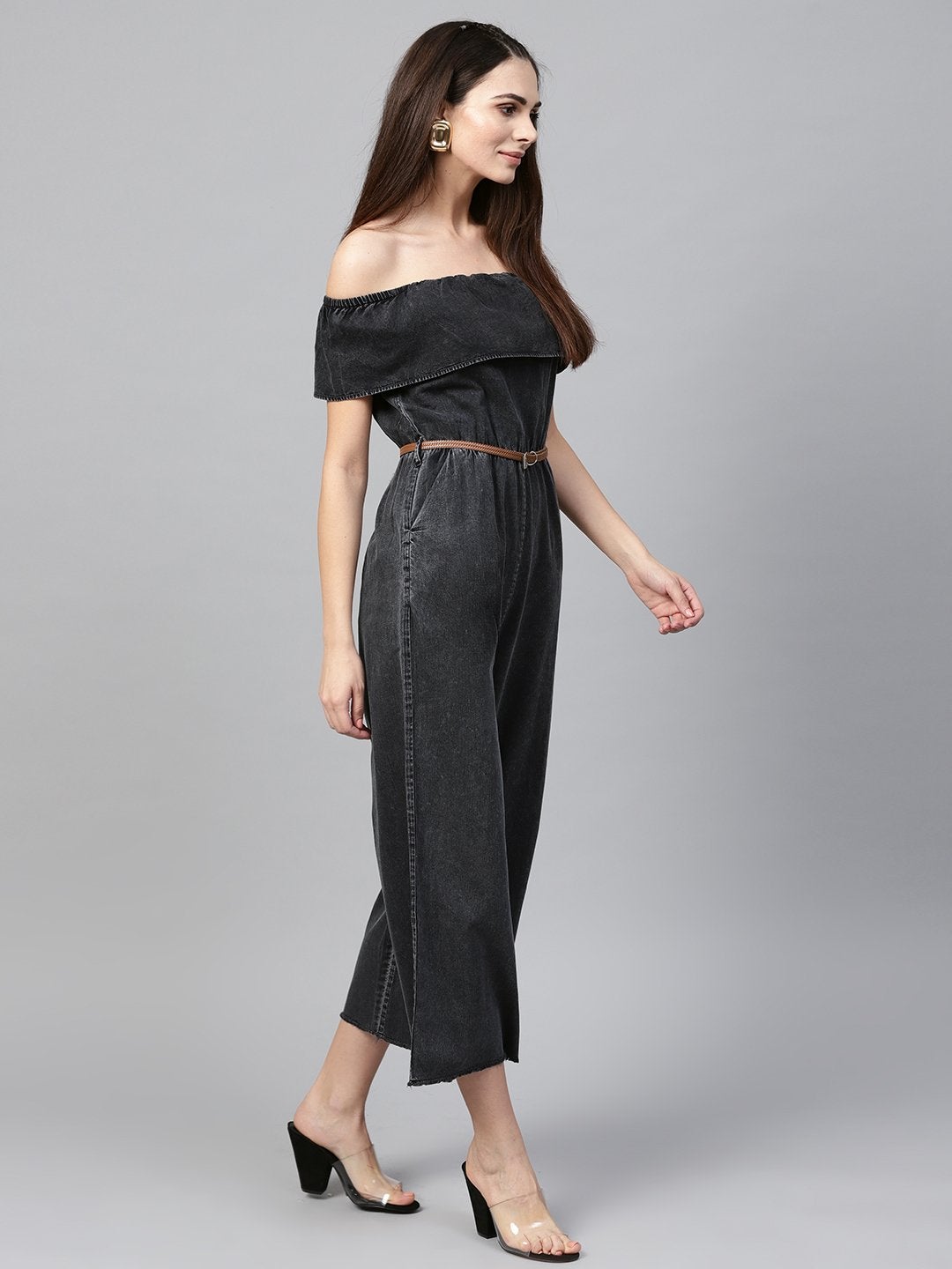 Women's Black Acid Denim Belted Bardot Jumpsuit