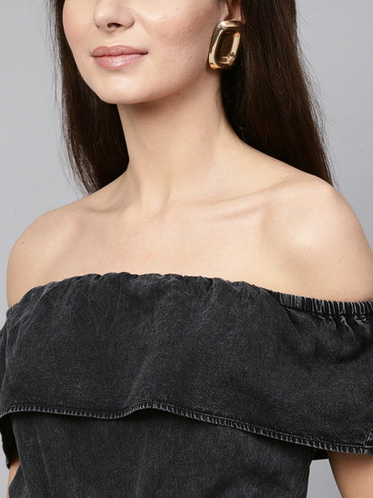 Women's Black Acid Denim Belted Bardot Jumpsuit