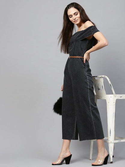 Women's Black Acid Denim Belted Bardot Jumpsuit
