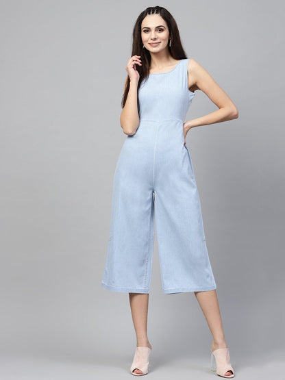 Women's Blue Denim Wrap Culottes Jumpsuit