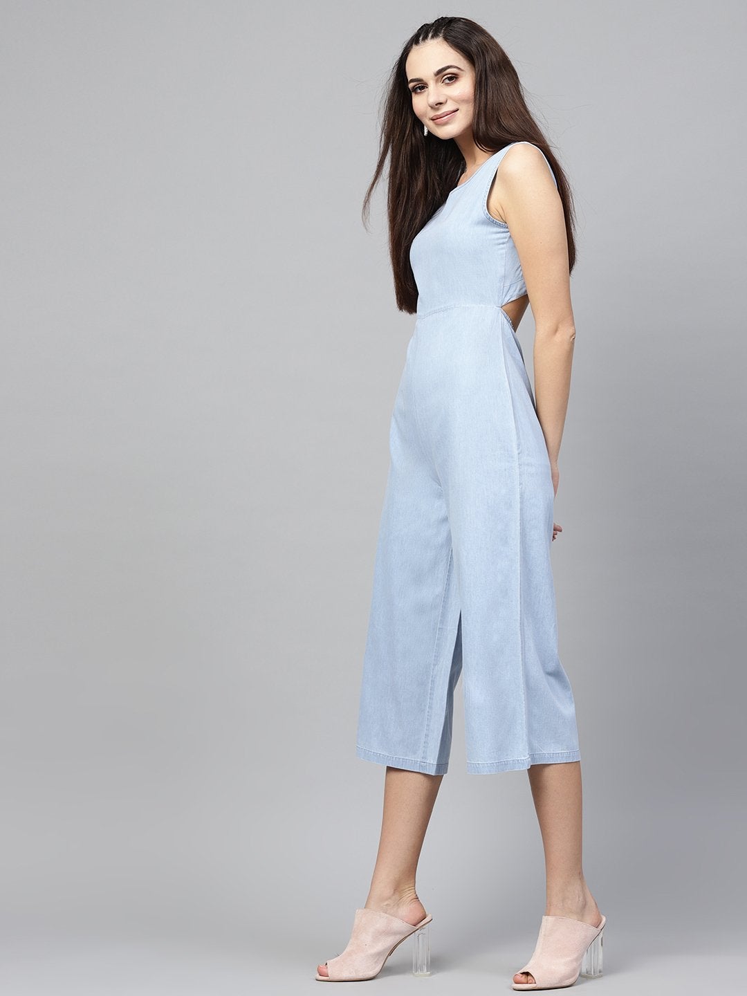 Women's Blue Denim Wrap Culottes Jumpsuit