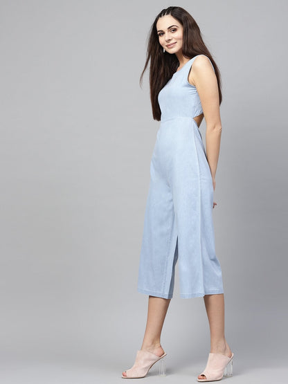 Women's Blue Denim Wrap Culottes Jumpsuit