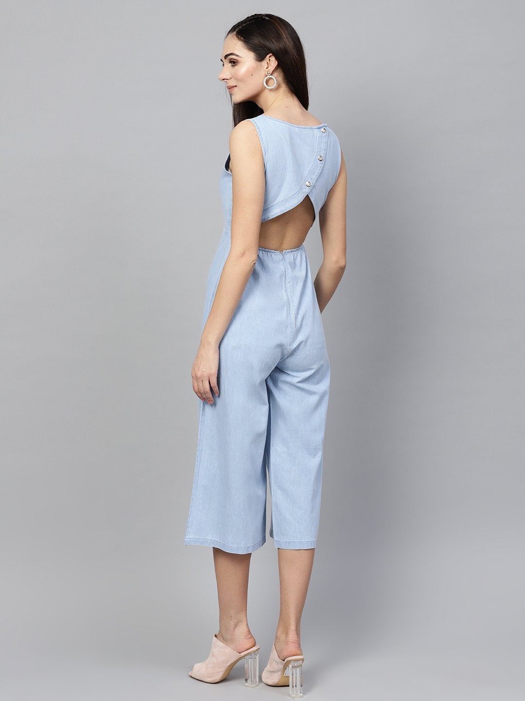 Women's Blue Denim Wrap Culottes Jumpsuit