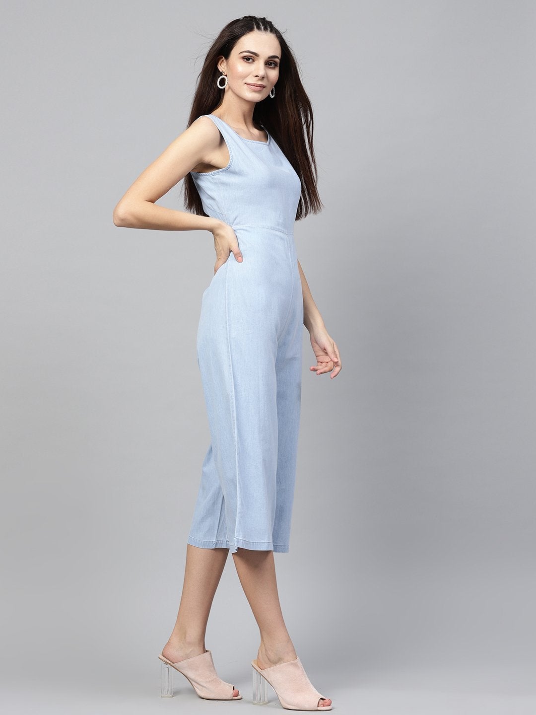 Women's Blue Denim Wrap Culottes Jumpsuit