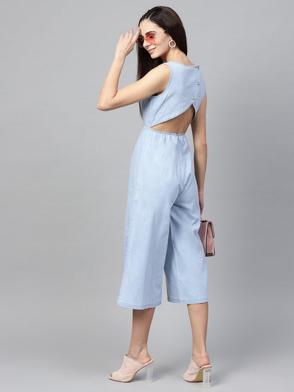Women's Blue Denim Wrap Culottes Jumpsuit